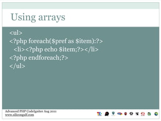 Using arrays
  <ul>
  <?php foreach($pref as $item):?>
   <li><?php echo $item;?></li>
  <?php endforeach;?>
  </ul>




A...