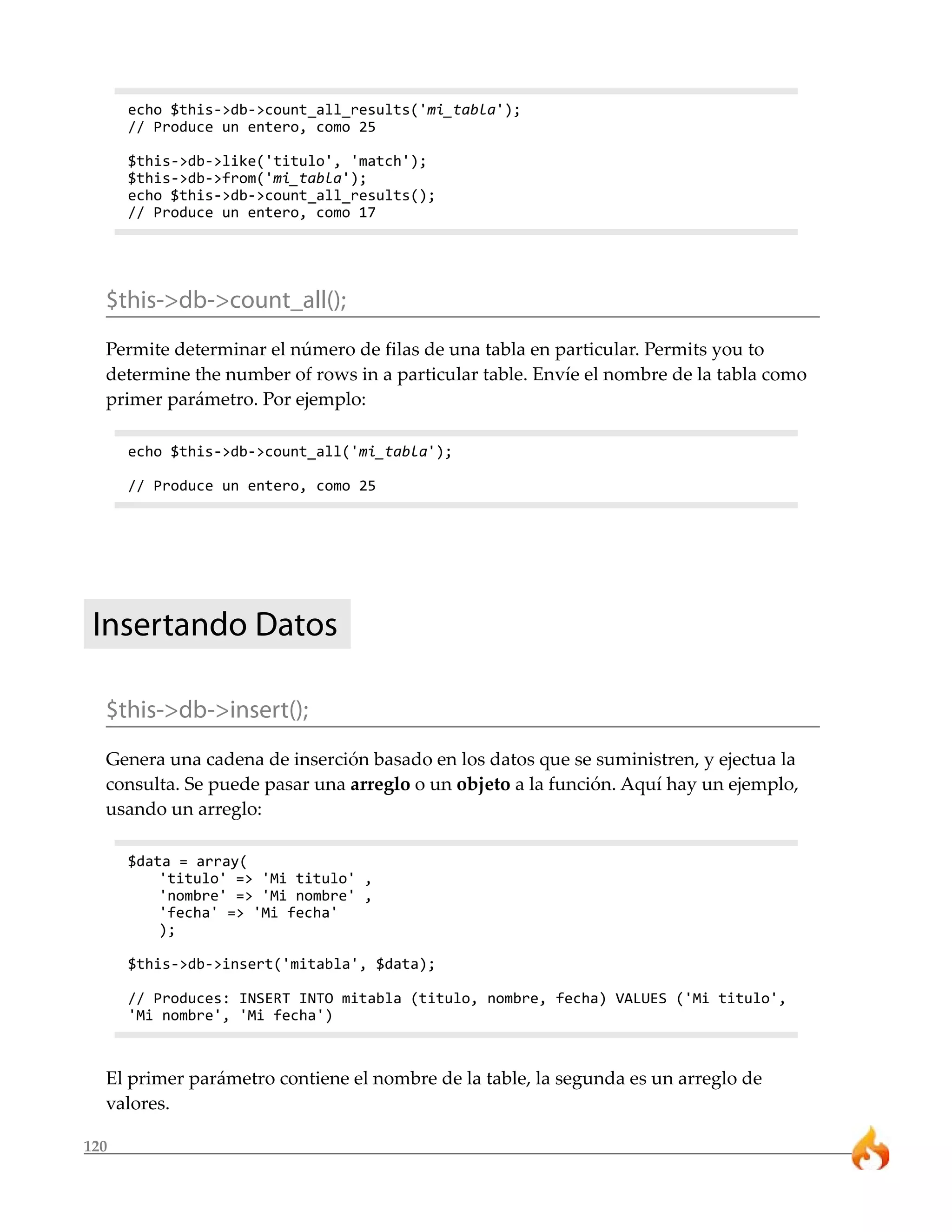 echo $this->db->count_all_results('mi_tabla');
      // Produce un entero, como 25

      $this->db->like('titulo', 'match');
      $this->db->from('mi_tabla');
      echo $this->db->count_all_results();
      // Produce un entero, como 17




  $this->db->count_all();
  Permite determinar el número de filas de una tabla en particular. Permits you to
  determine the number of rows in a particular table. Envíe el nombre de la tabla como
  primer parámetro. Por ejemplo:

      echo $this->db->count_all('mi_tabla');

      // Produce un entero, como 25




 Insertando Datos

  $this->db->insert();
  Genera una cadena de inserción basado en los datos que se suministren, y ejectua la
  consulta. Se puede pasar una arreglo o un objeto a la función. Aquí hay un ejemplo,
  usando un arreglo:

      $data = array(
          'titulo' => 'Mi titulo' ,
          'nombre' => 'Mi nombre' ,
          'fecha' => 'Mi fecha'
          );

      $this->db->insert('mitabla', $data);

      // Produces: INSERT INTO mitabla (titulo, nombre, fecha) VALUES ('Mi titulo',
      'Mi nombre', 'Mi fecha')



  El primer parámetro contiene el nombre de la table, la segunda es un arreglo de
  valores.

120
 