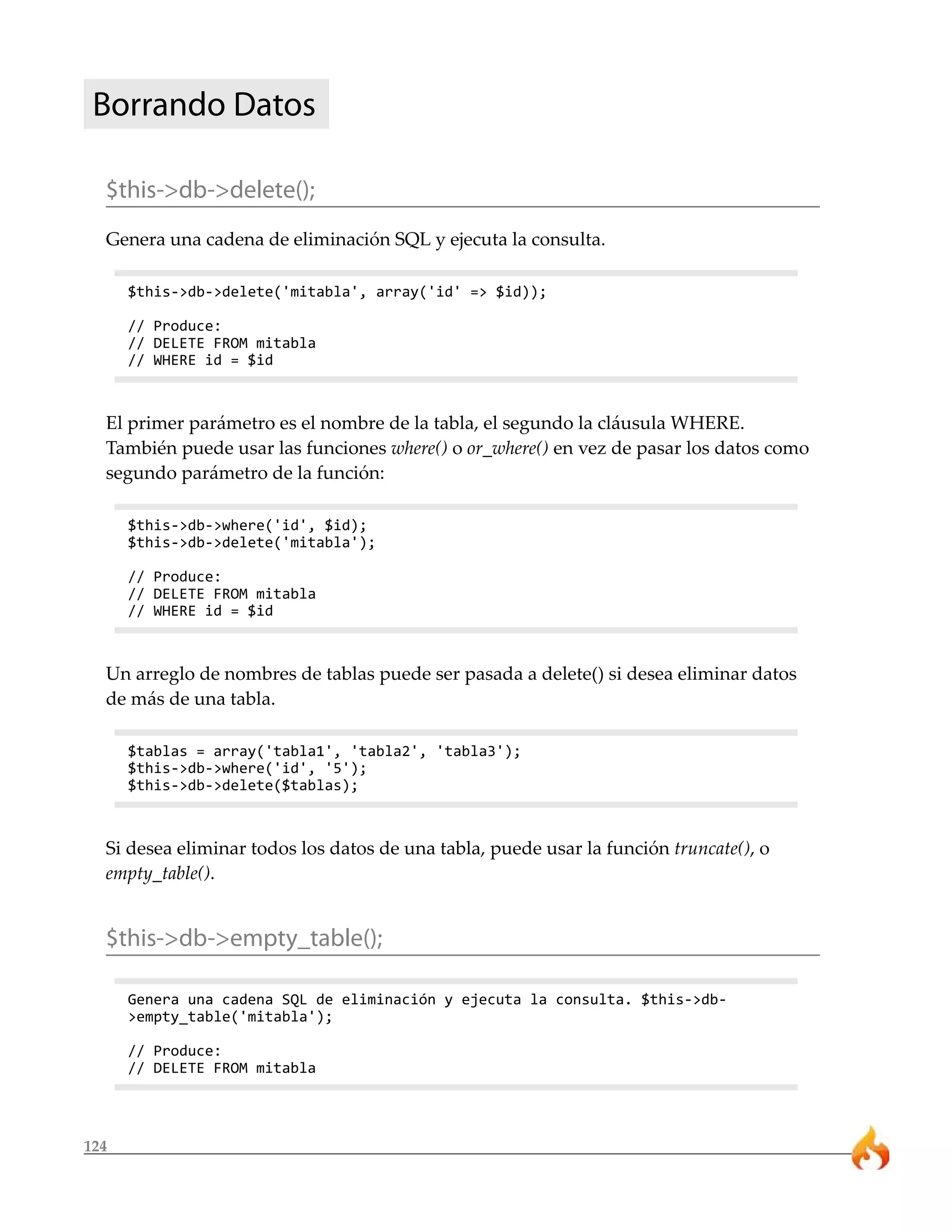 124
Borrando Datos
$this->db->delete();
Genera una cadena de eliminación SQL y ejecuta la consulta.
$this->db->delete('mitabla', array('id' => $id));
// Produce:
// DELETE FROM mitabla
// WHERE id = $id
El primer parámetro es el nombre de la tabla, el segundo la cláusula WHERE.
También puede usar las funciones where() o or_where() en vez de pasar los datos como
segundo parámetro de la función:
$this->db->where('id', $id);
$this->db->delete('mitabla');
// Produce:
// DELETE FROM mitabla
// WHERE id = $id
Un arreglo de nombres de tablas puede ser pasada a delete() si desea eliminar datos
de más de una tabla.
$tablas = array('tabla1', 'tabla2', 'tabla3');
$this->db->where('id', '5');
$this->db->delete($tablas);
Si desea eliminar todos los datos de una tabla, puede usar la función truncate(), o
empty_table().
$this->db->empty_table();
Genera una cadena SQL de eliminación y ejecuta la consulta. $this->db-
>empty_table('mitabla');
// Produce:
// DELETE FROM mitabla
 