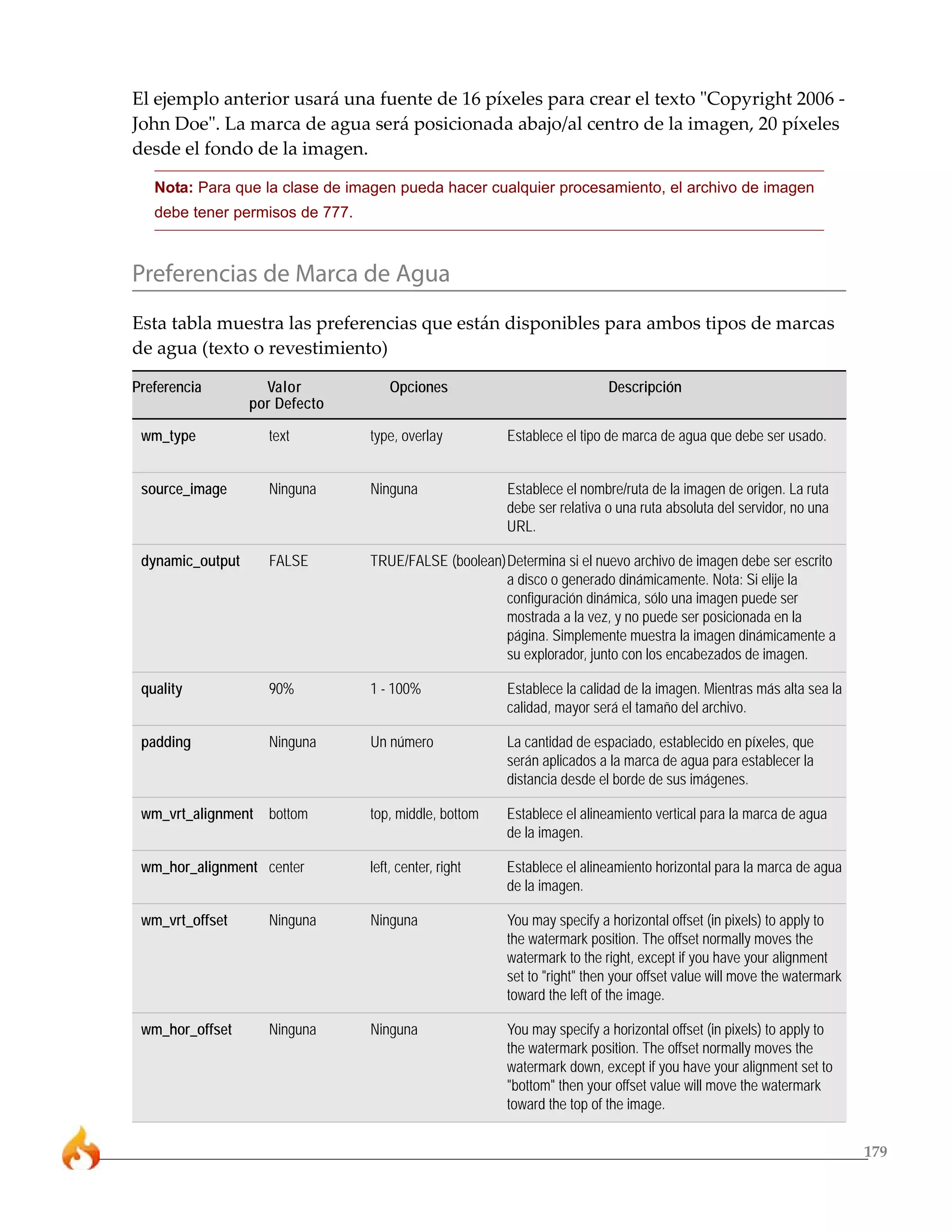 179
El ejemplo anterior usará una fuente de 16 píxeles para crear el texto "Copyright 2006 -
John Doe". La marca de agua será posicionada abajo/al centro de la imagen, 20 píxeles
desde el fondo de la imagen.
Nota: Para que la clase de imagen pueda hacer cualquier procesamiento, el archivo de imagen
debe tener permisos de 777.
Preferencias de Marca de Agua
Esta tabla muestra las preferencias que están disponibles para ambos tipos de marcas
de agua (texto o revestimiento)
Preferencia Valor Opciones Descripción
por Defecto
wm_type text type, overlay Establece el tipo de marca de agua que debe ser usado.
source_image Ninguna Ninguna Establece el nombre/ruta de la imagen de origen. La ruta
debe ser relativa o una ruta absoluta del servidor, no una
URL.
dynamic_output FALSE TRUE/FALSE (boolean)Determina si el nuevo archivo de imagen debe ser escrito
a disco o generado dinámicamente. Nota: Si elije la
configuración dinámica, sólo una imagen puede ser
mostrada a la vez, y no puede ser posicionada en la
página. Simplemente muestra la imagen dinámicamente a
su explorador, junto con los encabezados de imagen.
quality 90% 1 - 100% Establece la calidad de la imagen. Mientras más alta sea la
calidad, mayor será el tamaño del archivo.
padding Ninguna Un número La cantidad de espaciado, establecido en píxeles, que
serán aplicados a la marca de agua para establecer la
distancia desde el borde de sus imágenes.
wm_vrt_alignment bottom top, middle, bottom Establece el alineamiento vertical para la marca de agua
de la imagen.
wm_hor_alignment center left, center, right Establece el alineamiento horizontal para la marca de agua
de la imagen.
wm_vrt_offset Ninguna Ninguna You may specify a horizontal offset (in pixels) to apply to
the watermark position. The offset normally moves the
watermark to the right, except if you have your alignment
set to "right" then your offset value will move the watermark
toward the left of the image.
wm_hor_offset Ninguna Ninguna You may specify a horizontal offset (in pixels) to apply to
the watermark position. The offset normally moves the
watermark down, except if you have your alignment set to
"bottom" then your offset value will move the watermark
toward the top of the image.
 