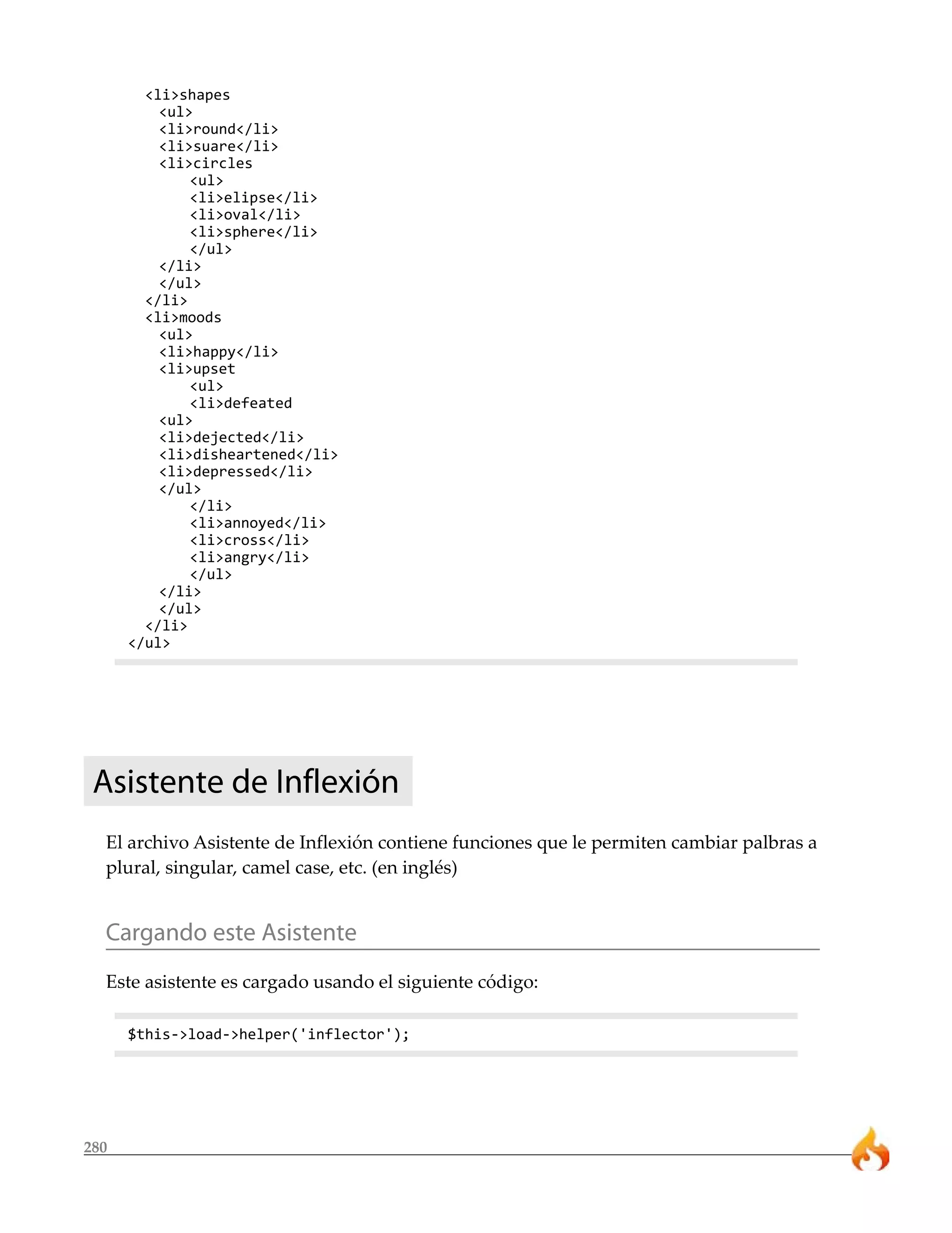 280
<li>shapes
<ul>
<li>round</li>
<li>suare</li>
<li>circles
<ul>
<li>elipse</li>
<li>oval</li>
<li>sphere</li>
</ul>
</li>
</ul>
</li>
<li>moods
<ul>
<li>happy</li>
<li>upset
<ul>
<li>defeated
<ul>
<li>dejected</li>
<li>disheartened</li>
<li>depressed</li>
</ul>
</li>
<li>annoyed</li>
<li>cross</li>
<li>angry</li>
</ul>
</li>
</ul>
</li>
</ul>
Asistente de Inflexión
El archivo Asistente de Inflexión contiene funciones que le permiten cambiar palbras a
plural, singular, camel case, etc. (en inglés)
Cargando este Asistente
Este asistente es cargado usando el siguiente código:
$this->load->helper('inflector');
 