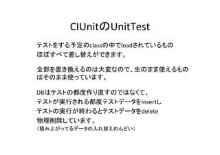 CIUnitのUnitTest	
  
テストをする予定のclassの中でloadされているもの	
  
ほぼすべて差し替えができます。	
  
	
  
全部を置き換えるのは大変なので、生のまま使えるもの
はそのまま使っています。	
  
	
  
DBはテストの都度作り直すのではなくて、	
  
テストが実行される都度テストデータをinsertし	
  
テストの実行が終わるとテストデータをdelete	
  
物理削除しています。	
  
（積み上がってるデータの入れ替えめんどい）	
  
	
  
	
  
 