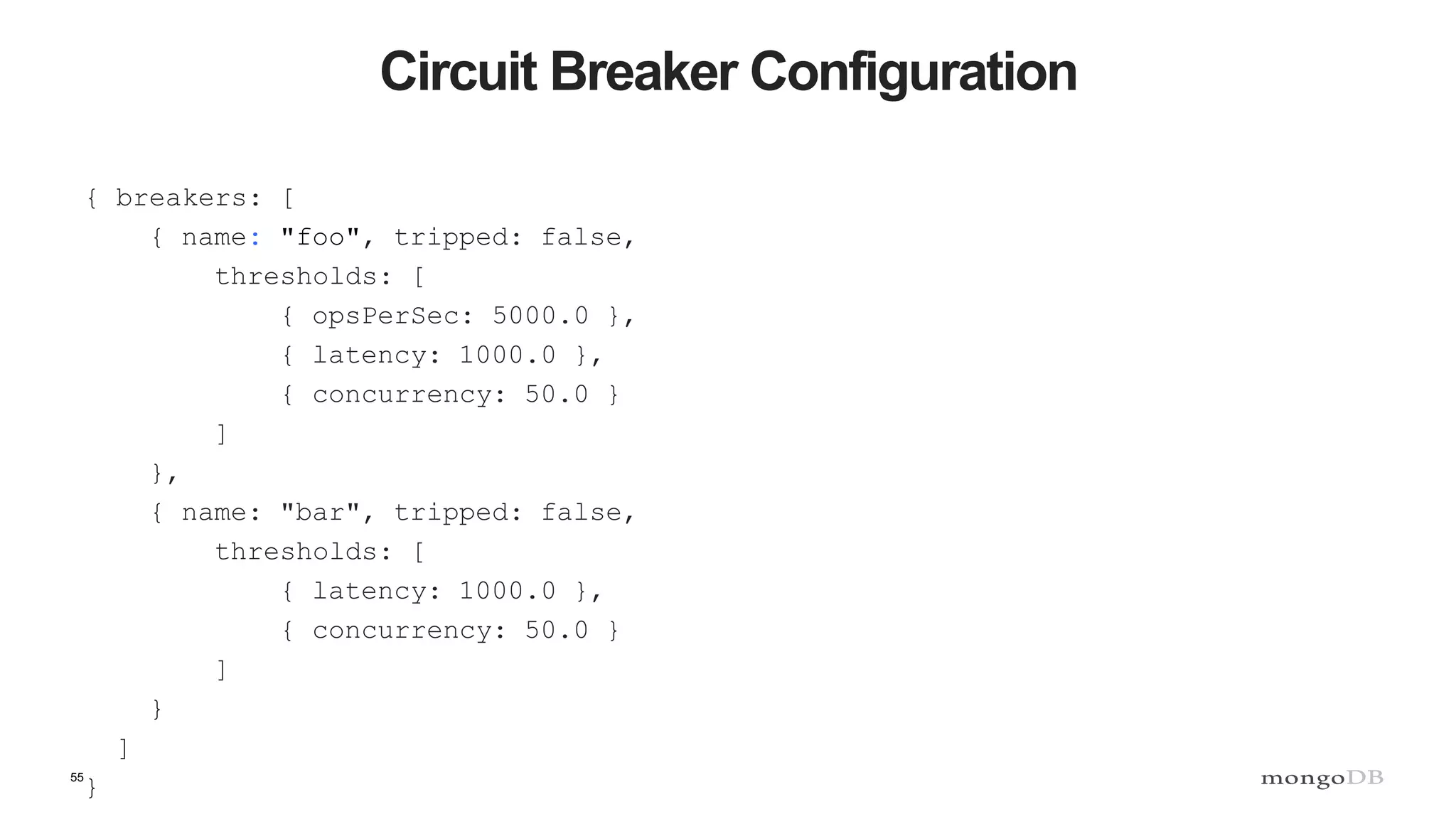 55
{ breakers: [
{ name: "foo", tripped: false,
thresholds: [
{ opsPerSec: 5000.0 },
{ latency: 1000.0 },
{ concurrency: 50.0 }
]
},
{ name: "bar", tripped: false,
thresholds: [
{ latency: 1000.0 },
{ concurrency: 50.0 }
]
}
]
}
Circuit Breaker Configuration
 