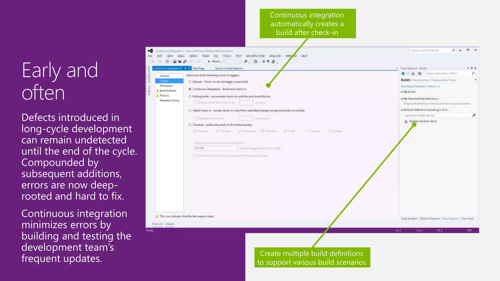 Continuous integration
automatically creates a
build after check-in
Create multiple build definitions
to support various build scenarios
 