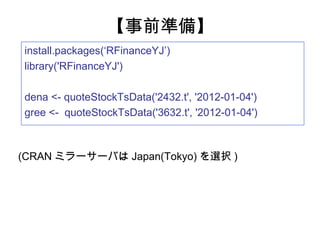 【事前準備】
install.packages(‘RFinanceYJ’)
library('RFinanceYJ')

dena <- quoteStockTsData('2432.t', '2012-01-04')
gree <- quoteStockTsData('3632.t', '2012-01-04')



(CRAN ミラーサーバは Japan(Tokyo) を選択 )
 