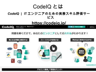 CodeIQ とは
CodeIQ ｜ IT エンジニアのための実務スキル評価サー
                  ビス
        https://codeiq.jp/
 