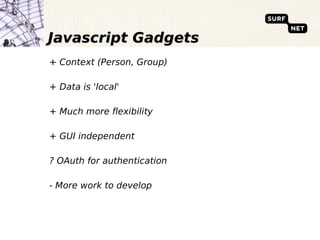 Javascript Gadgets
+ Context (Person, Group)

+ Data is 'local'

+ Much more flexibility

+ GUI independent

? OAuth for authentication

- More work to develop
 