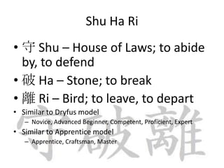 Shu Ha Ri
• 守 Shu – House of Laws; to abide
  by, to defend
• 破 Ha – Stone; to break
• 離 Ri – Bird; to leave, to depart
• Similar to Dryfus model
   – Novice, Advanced Beginner, Competent, Proficient, Expert
• Similar to Apprentice model
   – Apprentice, Craftsman, Master
 