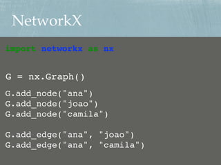 NetworkX
import networkx as nx
G = nx.Graph()
G.add_node("ana")
G.add_node("joao")
G.add_node("camila")
G.add_edge("ana", "joao")
G.add_edge("ana", "camila")
 