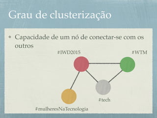 Grau de clusterização
Capacidade de um nó de conectar-se com os
outros
#IWD2015 #WTM
#mulheresNaTecnologia
#tech
 