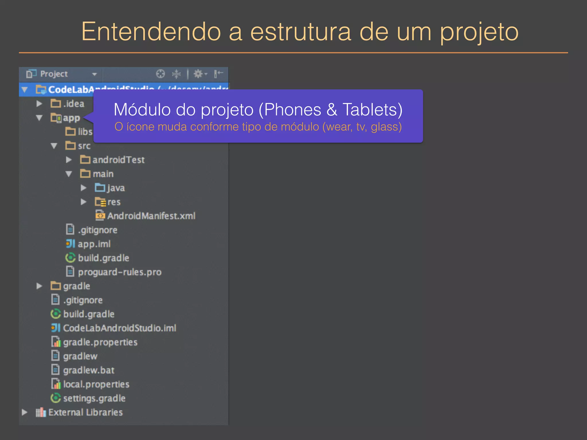 Entendendo a estrutura de um projeto 
Módulo do projeto (Phones & Tablets) 
O ícone muda conforme tipo de módulo (wear, tv, glass) 
 