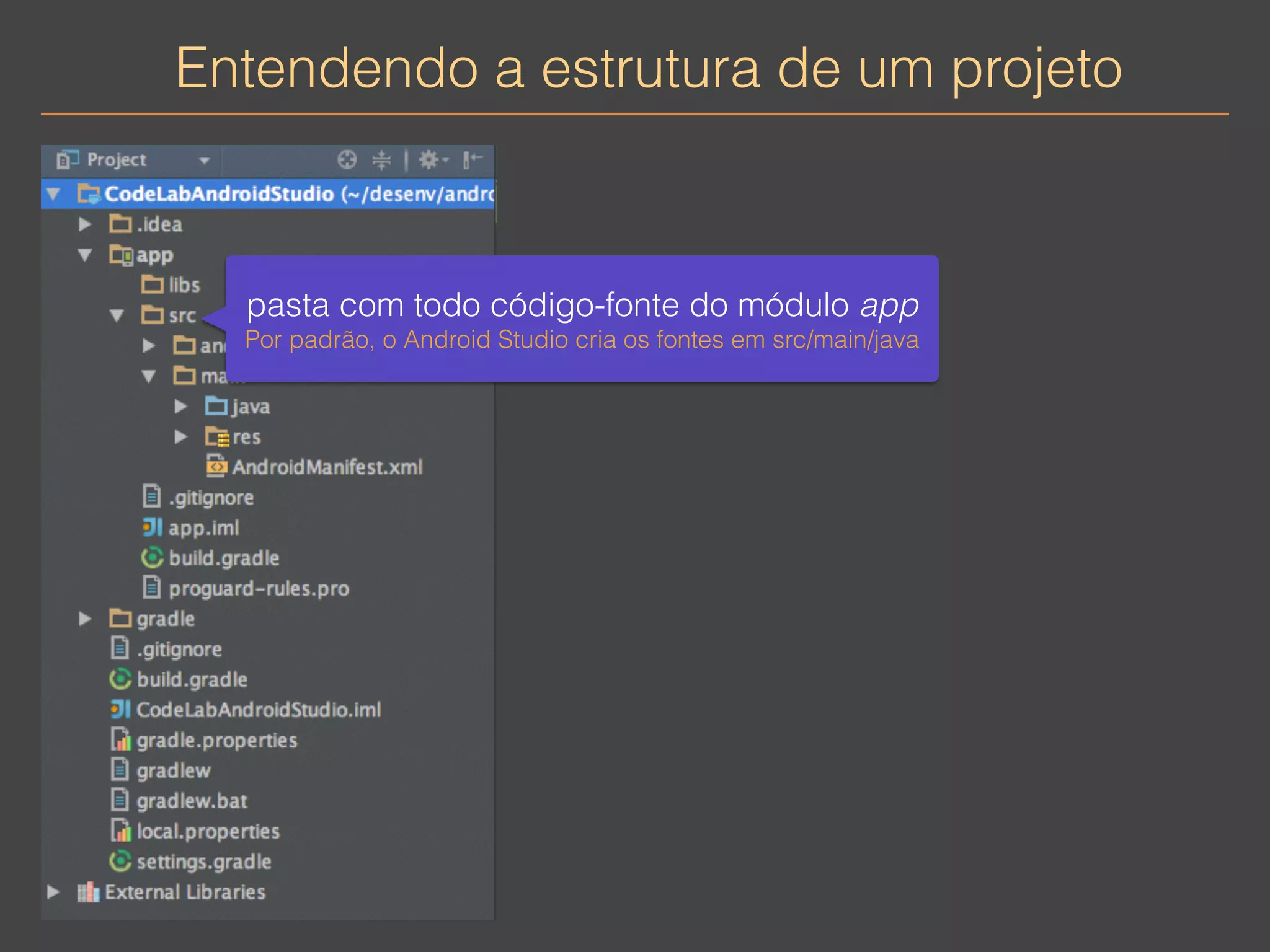 Entendendo a estrutura de um projeto 
pasta com todo código-fonte do módulo app 
Por padrão, o Android Studio cria os fontes em src/main/java 
 