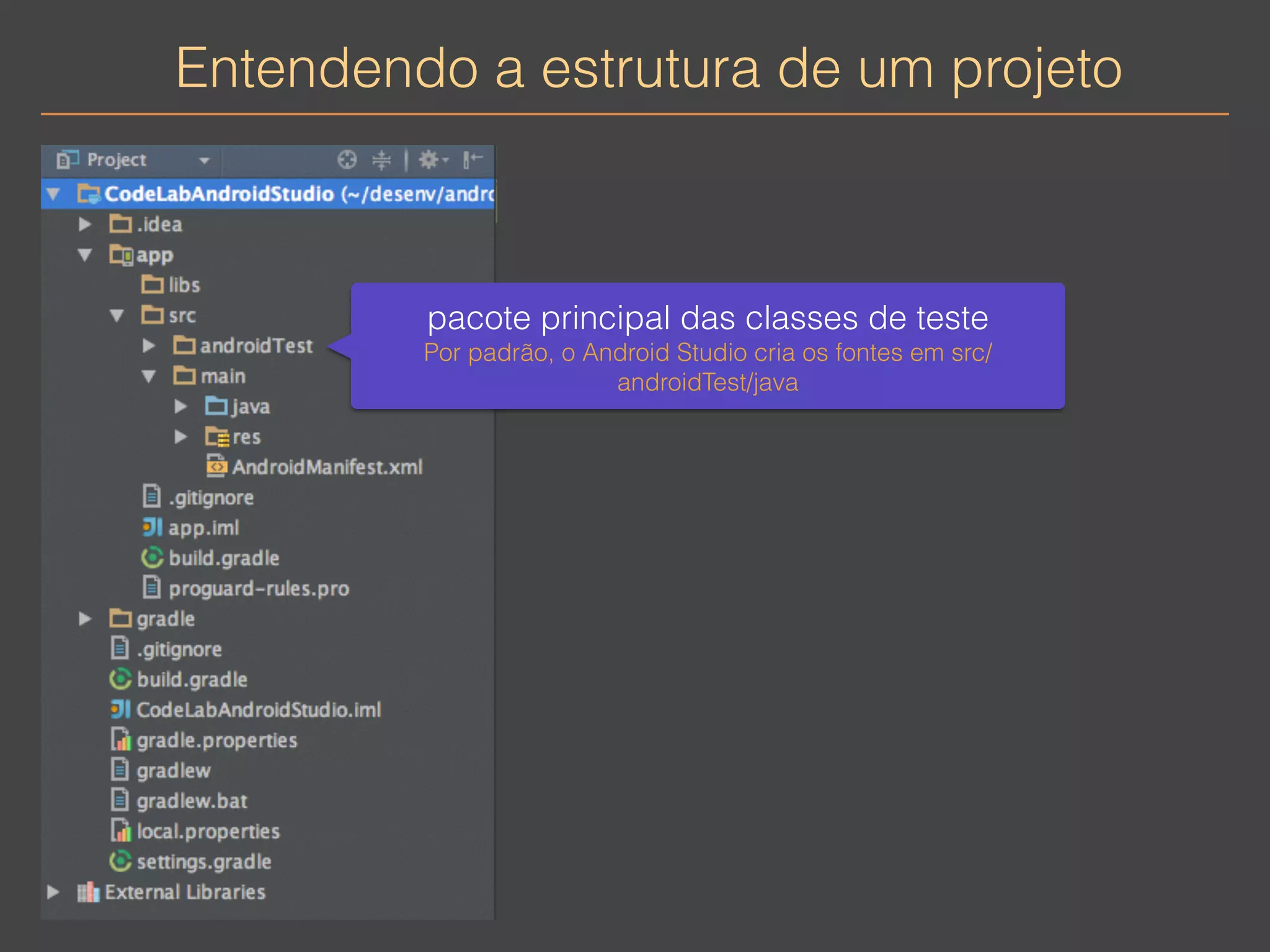 Entendendo a estrutura de um projeto 
pacote principal das classes de teste 
Por padrão, o Android Studio cria os fontes em src/ 
androidTest/java 
 