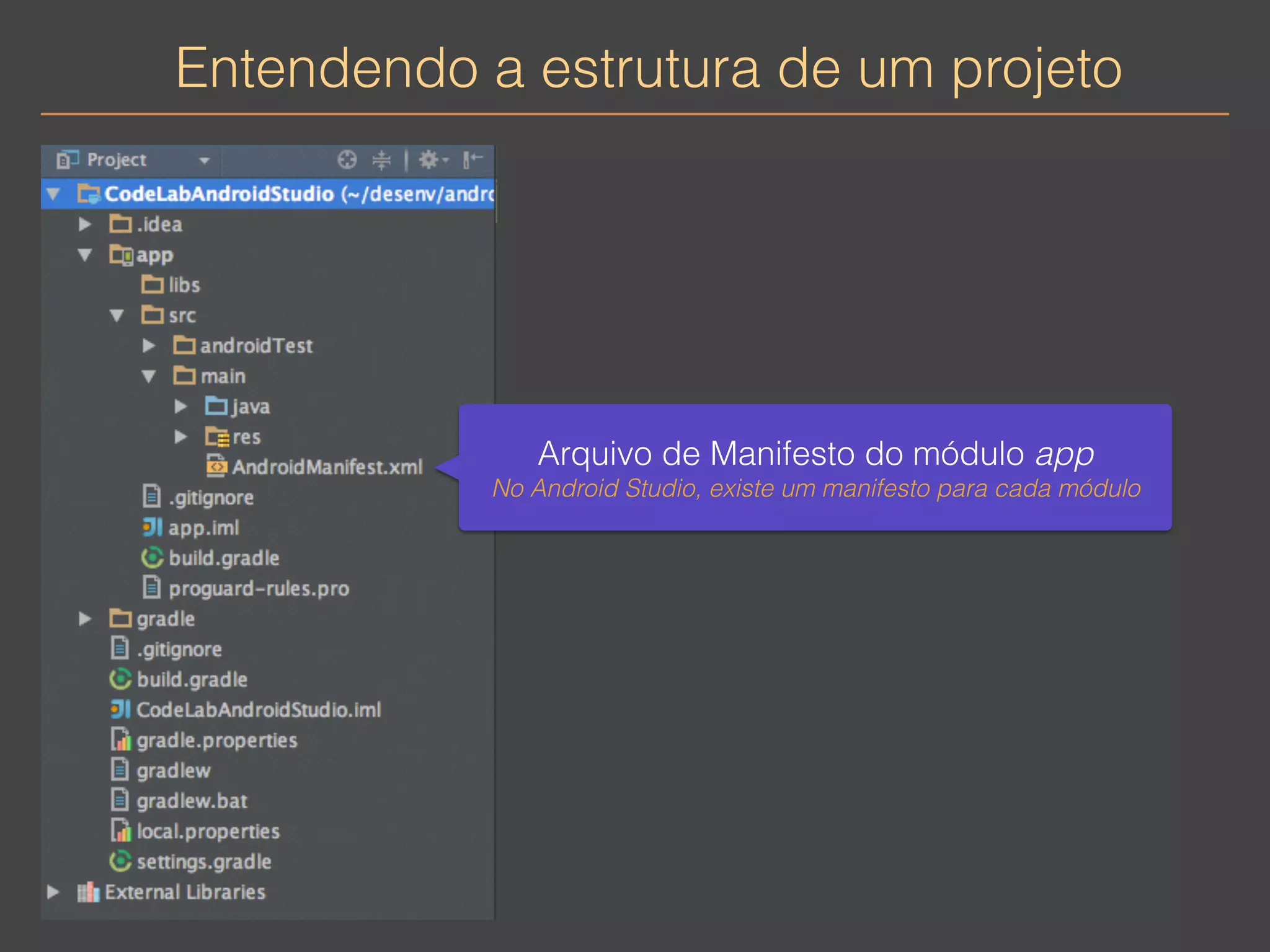 Entendendo a estrutura de um projeto 
Arquivo de Manifesto do módulo app 
No Android Studio, existe um manifesto para cada módulo 
 