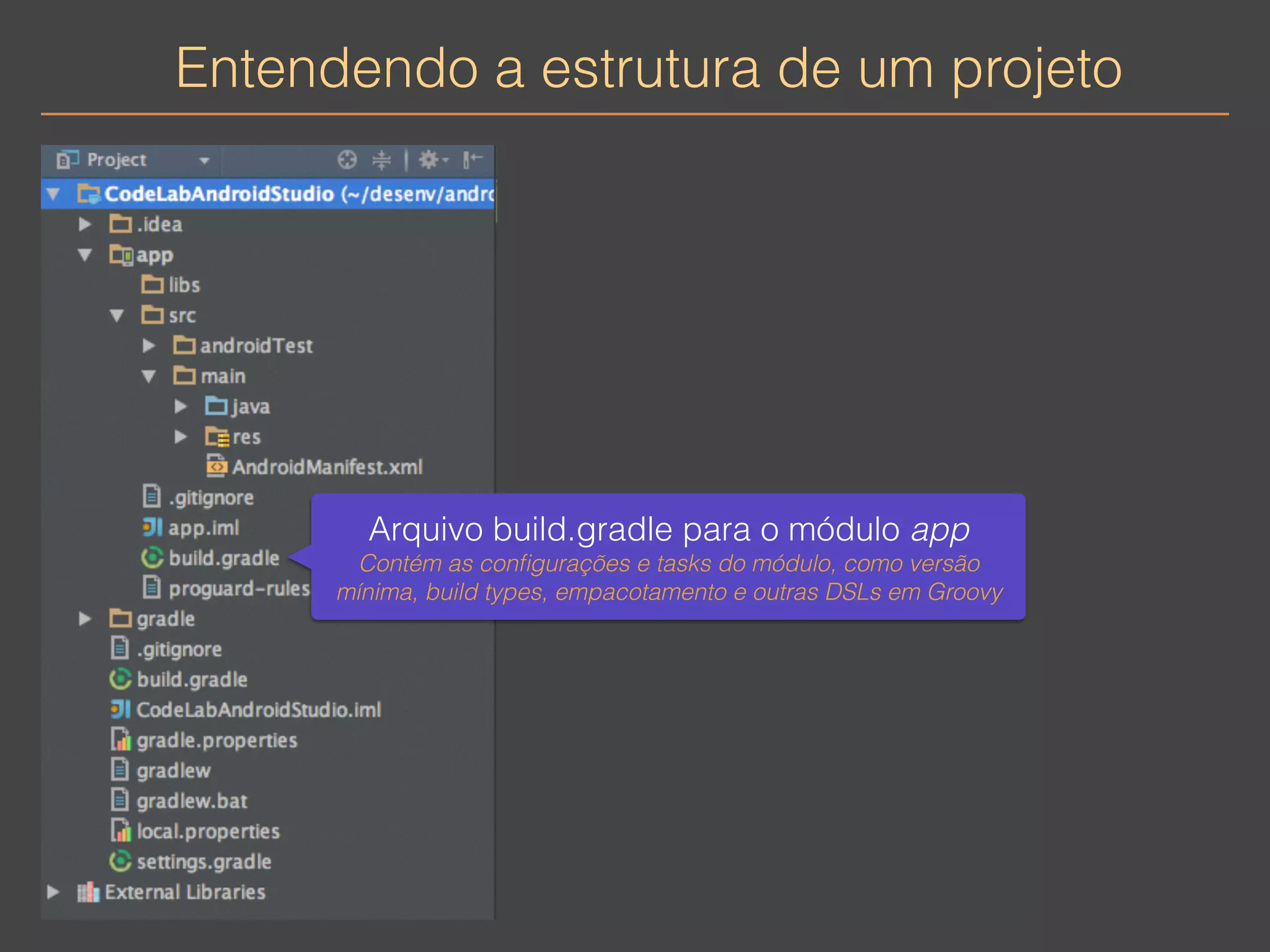 Entendendo a estrutura de um projeto 
Arquivo build.gradle para o módulo app 
Contém as configurações e tasks do módulo, como versão 
mínima, build types, empacotamento e outras DSLs em Groovy 
 