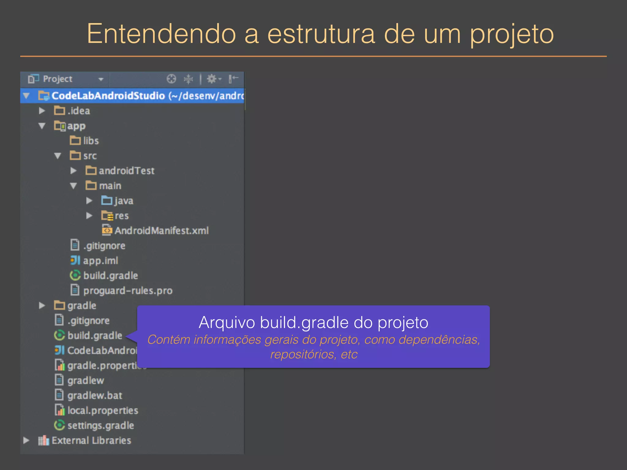 Entendendo a estrutura de um projeto 
Arquivo build.gradle do projeto 
Contém informações gerais do projeto, como dependências, 
repositórios, etc 
 