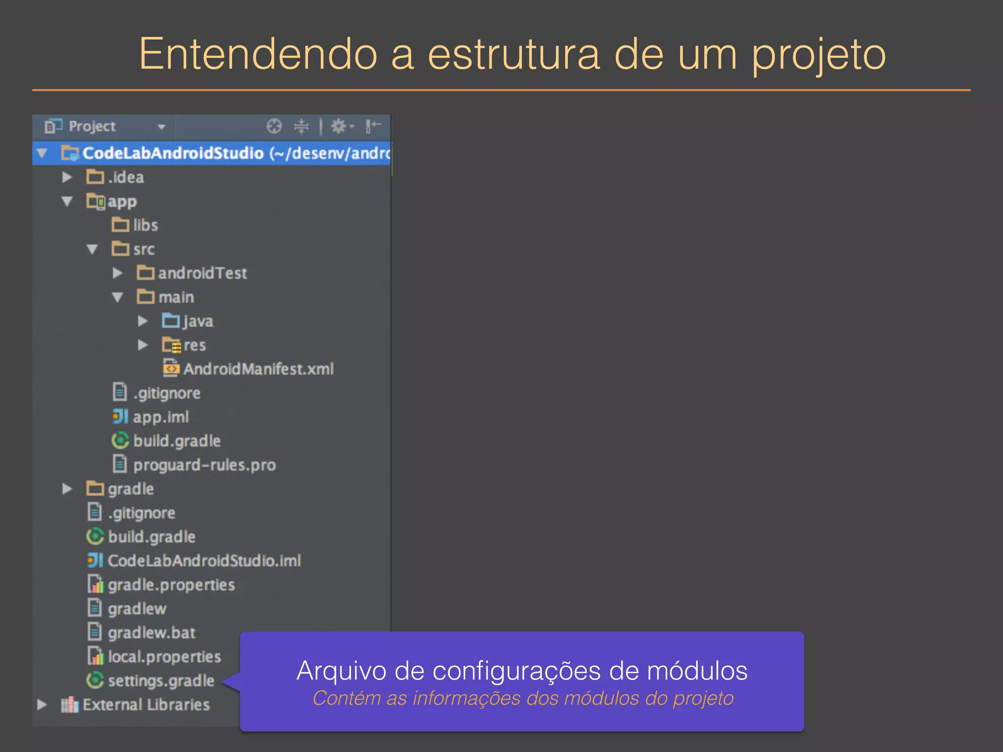 Entendendo a estrutura de um projeto 
Arquivo de configurações de módulos 
Contém as informações dos módulos do projeto 
 
