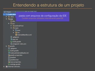 Entendendo a estrutura de um projeto 
pasta com arquivos de configuração da IDE 
Contém arquivos utilizados internamente pela IDE 
 