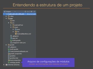 Entendendo a estrutura de um projeto 
Arquivo de configurações de módulos 
Contém as informações dos módulos do projeto 
 