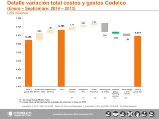 17 
Copyrights © 2014 CODELCO-CHILE. Todos los Derechos Reservados. | Copyrights © 2014 by CODELCO-CHILE. All Rights Reserved. 
6.104 
6.705 
6.354 
420 
181 
170 
101 
131 
504 
105 
144 
3.400 
3.900 
4.400 
4.900 
5.400 
5.900 
6.400 
6.900 
7.400 
Costos y 
gastos 2013 
Incorporación 
Ministro Hales 
Negociaciones 
colectivas 
Total Variables 
mineras 
Depreciación 
(**) 
Gastos 
financieros 
Inflación y tipo 
de cambio 
Menores 
gastos, 
insumos y 
servicios 
Precio energía 
y otros 
insumos 
Costos y 
gastos 2014 
Detalle variación total costos y gastos Codelco 
(Enero – Septiembre: 2014 – 2013) 
US$ millones 
Conferencia de prensa | 28 de noviembre 2014 
(*) No incluye División Ministro Hales 
(**) Incluye efecto cambio depreciación a unidades de producción en línea con IFRS 
(*) (*) (*) (*) (*) (*) 
 