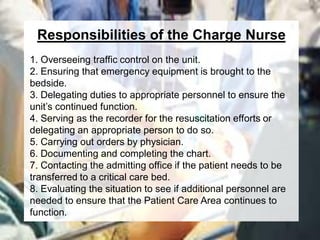 Responsibilities of the Charge Nurse
1. Overseeing traffic control on the unit.
2. Ensuring that emergency equipment is brought to the
bedside.
3. Delegating duties to appropriate personnel to ensure the
unit’s continued function.
4. Serving as the recorder for the resuscitation efforts or
delegating an appropriate person to do so.
5. Carrying out orders by physician.
6. Documenting and completing the chart.
7. Contacting the admitting office if the patient needs to be
transferred to a critical care bed.
8. Evaluating the situation to see if additional personnel are
needed to ensure that the Patient Care Area continues to
function.
 