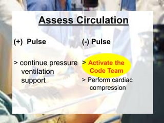 Assess Circulation

(+) Pulse            (-) Pulse

> continue pressure > Activate the
  ventilation          Code Team
  support           > Perform cardiac
                       compression
 