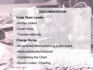 DOCUMENTATION
Code Team Leader
-Written orders
-Code notes
-Transfer referrals
Charge Nurse
-All pertinent data pertaining to the event
-Medications administered
-Completing the Chart
-Nurse’s notes / Charting
 