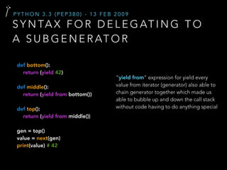 S Y N TA X F O R D E L E G AT I N G T O
A S U B G E N E R AT O R
P Y T H O N 3 . 3 ( P E P 3 8 0 ) - 1 3 F E B 2 0 0 9
“yield from” expression for yield every
value from iterator (generator) also able to
chain generator together which made us
able to bubble up and down the call stack
without code having to do anything special
def bottom():
return (yield 42)
def middle():
return (yield from bottom())
def top():
return (yield from middle())
gen = top()
value = next(gen)
print(value) # 42
 