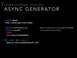 A S Y N C G E N E R AT O R
P Y T H O N 3 . 6 ( P E P 5 2 5 ) - 2 8 J U L 2 0 1 6
Remove restriction to use await and yield
in the same function body
import asyncio
loop = asyncio.get_event_loop()
async def ticker(delay, to):
for i in range(to)
yield i
await asyncio.sleep(delay)
if __name__ == '__main__':
loop.run_until_complete(ticker(5, 10))
 