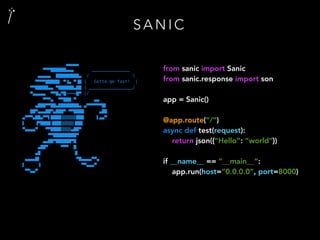 ▄▄▄▄▄
▀▀▀██████▄▄▄ _______________
▄▄▄▄▄ █████████▄ / 
▀▀▀▀█████▌ ▀▐▄ ▀▐█ | Gotta go fast! |
▀▀█████▄▄ ▀██████▄██ | _________________/
▀▄▄▄▄▄ ▀▀█▄▀█════█▀ |/
▀▀▀▄ ▀▀███ ▀ ▄▄
▄███▀▀██▄████████▄ ▄▀▀▀▀▀▀█▌
██▀▄▄▄██▀▄███▀ ▀▀████ ▄██
▄▀▀▀▄██▄▀▀▌████▒▒▒▒▒▒███ ▌▄▄▀
▌ ▐▀████▐███▒▒▒▒▒▐██▌
▀▄▄▄▄▀ ▀▀████▒▒▒▒▄██▀
▀▀█████████▀
▄▄██▀██████▀█
▄██▀ ▀▀▀ █
▄█ ▐▌
▄▄▄▄█▌ ▀█▄▄▄▄▀▀▄
▌ ▐ ▀▀▄▄▄▀
▀▀▄▄▀
S A N I C
from sanic import Sanic
from sanic.response import son
app = Sanic()
@app.route(“/“)
async def test(request):
return json({“Hello”: “world”})
if __name__ == “__main__”:
app.run(host=“0.0.0.0”, port=8000)
 