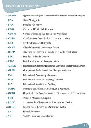 Tableau des abréviations 
- ANPME : Agence Nationale pour la Promotion de la Petite et Moyenne Entreprise 
- BAM : Bank Al Maghrib 
- BPA : Bénéfice Par Action 
- CDG : Caisse de Dépôt et de Gestion 
- CDVM : Conseil Déontologique des Valeurs Mobilières 
- CGEM : Confédération Générale des Entreprises du Maroc 
- CJ D : Centre des Jeunes Dirigeants 
- GCGF : Global Corporate Governance Forum 
- DEP P : Direction des Entreprises Publiques et de la Privatisation 
- ESG : Etat des Soldes de Gestion 
- ETIC : Etat des Informations Complémentaires 
- FCMCIS : Fédération des Chambres Marocaines de Commerce, d'Industrie et de Services 
- GPBM : Groupement Professionnel des Banques du Maroc 
- IAS : International Accounting Standards 
- IF RS : International Financial Reporting Standards 
- ISA : International Standard on Auditing 
- MAEG : Ministère des Affaires Economiques et Générales 
- OCDE : Organisation de Coopération et de Développement Economiques 
- PME : Petite et Moyenne Entreprise 
- ROSC : Report on the Observance of Standards and Codes 
ou R R N C : Rapport sur le Respect des Normes et Codes 
- SA : Société Anonyme 
- S FI : Société Financière Internationale 
50 
 
