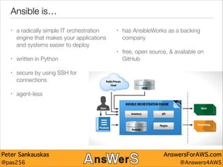 Ansible is…
a radically simple IT orchestration
engine that makes your applications
and systems easier to deploy

•

secure by using SSH for
connections

•

has AnsibleWorks as a backing
company
free, open source, & available on
GitHub

written in Python

•

•

•

•

agent-less

Peter Sankauskas
@pas256

!

AnswersForAWS.com
@Answers4AWS

 