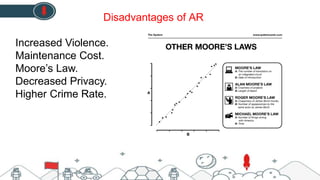 Increased Violence.
Maintenance Cost.
Moore’s Law.
Decreased Privacy.
Higher Crime Rate.
Disadvantages of AR
 