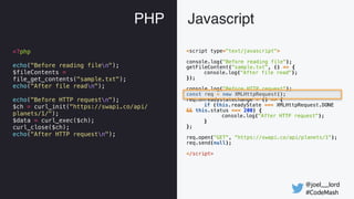 @joel__lord
#CodeMash
PHP Javascript
<script type="text/javascript">
console.log("Before reading file");
getFileContent("s...