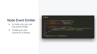 @joel__lord
#CodeMash
Node Event Emitter
! In node, you can use
the event emitter
! Create you own
events for a library
 