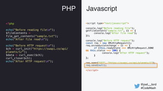 @joel__lord
#CodeMash
PHP Javascript
<script type="text/javascript">
console.log("Before reading file");
getFileContent("s...