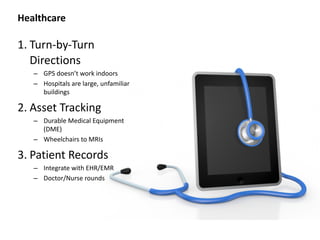 Healthcare
1. Turn-­‐by-­‐Turn	
  
Directions	
  
– GPS	
  doesn’t	
  work	
  indoors	
  
– Hospitals	
  are	
  large,	
  unfamiliar	
  
buildings	
  
2. Asset	
  Tracking	
  
– Durable	
  Medical	
  Equipment	
  
(DME)	
  
– Wheelchairs	
  to	
  MRIs	
  
3. Patient	
  Records	
  
– Integrate	
  with	
  EHR/EMR	
  
– Doctor/Nurse	
  rounds
 