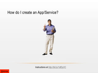 How do I create an App/Service?

Instructions at http://bit.ly/1dlDyVC
@stonse

 