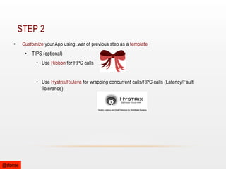 STEP 2
• 

Customize your App using .war of previous step as a template
•  TIPS (optional)
•  Use Ribbon for RPC calls
•  Use Hystrix/RxJava for wrapping concurrent calls/RPC calls (Latency/Fault
Tolerance)

@stonse

 