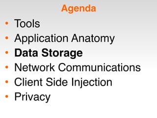 Agenda
• Tools
• Application Anatomy
• Data Storage
• Network Communications
• Client Side Injection
• Privacy
 