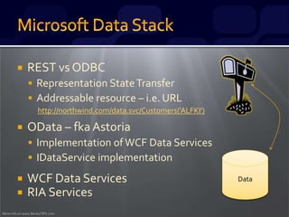 More info on www.BenkoTIPS.com
 REST vs ODBC
 Representation StateTransfer
 Addressable resource – i.e. URL
http://northwind.com/data.svc/Customers('ALFKI')
 OData – fka Astoria
 Implementation ofWCF Data Services
 IDataService implementation
 WCF Data Services
 RIA Services
Data
 