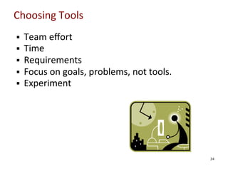 Choosing	
  Tools	
  
§ 
§ 
§ 
§ 
§ 

	
  
	
  
	
  
	
  

Team	
  eﬀort	
  
Time	
  
Requirements	
  
Focus	
  on	
  goals,	
  problems,	
  not	
  tools.	
  
Experiment	
  

	
  
24

 