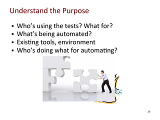 Understand	
  the	
  Purpose	
  
§ 
§ 
§ 
§ 

	
  
	
  
	
  
	
  

Who’s	
  using	
  the	
  tests?	
  What	
  for?	
  
What’s	
  being	
  automated?	
  
Exis0ng	
  tools,	
  environment	
  
Who’s	
  doing	
  what	
  for	
  automa0ng?	
  

	
  

26

 