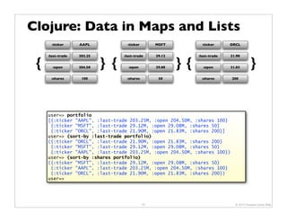 Clojure: Data in Maps and Lists
       :ticker     AAPL             :ticker        MSFT           :ticker     ORCL


     :last-trade   203.25         :last-trade      29.12        :last-trade   21.90

 {     :open       204.50   } {     :open          29.08   }{     :open       21.83       }
      :shares       100            :shares          50           :shares      200




     user=> portfolio
     [{:ticker "AAPL", :last-trade 203.25M, :open 204.50M, :shares 100}
      {:ticker "MSFT", :last-trade 29.12M, :open 29.08M, :shares 50}
      {:ticker "ORCL", :last-trade 21.90M, :open 21.83M, :shares 200}]
     user=> (sort-by :last-trade portfolio)
     ({:ticker "ORCL", :last-trade 21.90M, :open 21.83M, :shares 200}
      {:ticker "MSFT", :last-trade 29.12M, :open 29.08M, :shares 50}
      {:ticker "AAPL", :last-trade 203.25M, :open 204.50M, :shares 100})
     user=> (sort-by :shares portfolio)
     ({:ticker "MSFT", :last-trade 29.12M, :open 29.08M, :shares 50}
      {:ticker "AAPL", :last-trade 203.25M, :open 204.50M, :shares 100}
      {:ticker "ORCL", :last-trade 21.90M, :open 21.83M, :shares 200})
     user=>




                                              10                                © 2010 Howard Lewis Ship
 