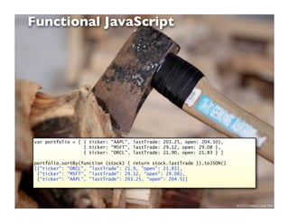 Functional JavaScript




var portfolio = [ { ticker: "AAPL", lastTrade: 203.25, open: 204.50},
                  { ticker: "MSFT", lastTrade: 29.12, open: 29.08 },
                  { ticker: "ORCL", lastTrade: 21.90, open: 21.83 } ]

portfolio.sortBy(function (stock) { return stock.lastTrade }).toJSON()
[{"ticker": "ORCL", "lastTrade": 21.9, "open": 21.83},
 {"ticker": "MSFT", "lastTrade": 29.12, "open": 29.08},
 {"ticker": "AAPL", "lastTrade": 203.25, "open": 204.5}]




                                       11                                © 2010 Howard Lewis Ship
 