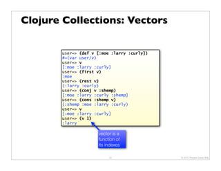 Clojure Collections: Vectors

       user=> (def v [:moe :larry :curly])
       #=(var user/v)
       user=> v
       [:moe :larry :curly]
       user=> (first v)
       :moe
       user=> (rest v)
       (:larry :curly)
       user=> (conj v :shemp)
       [:moe :larry :curly :shemp]
       user=> (cons :shemp v)
       (:shemp :moe :larry :curly)
       user=> v
       [:moe :larry :curly]
       user=> (v 1)
       :larry

                     vector is a
                     function of
                     its indexes

                          23                 © 2010 Howard Lewis Ship
 