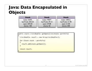 Java: Data Encapsulated in
Objects
                Stock                Stock                Stock
             ticker: AAPL         ticker: MSFT        ticker: ORCL
          lastTrade: 203.25     lastTrade: 29.12    lastTrade: 21.90
            open: 204.50           open: 29.08         open: 21.83
              shares: 100           shares: 50          shares: 200



    public static List<Double> getOpens(List<Stock> portfolio)
    {
      List<Double> result = new ArrayList<Double>();

        for (Stock stock : portfolio)
        {
          result.add(stock.getOpen());
        }

        return result;
    }




                                     37                                © 2010 Howard Lewis Ship
 