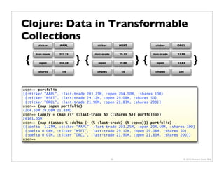 Clojure: Data in Transformable
Collections
       :ticker     AAPL             :ticker          MSFT           :ticker     ORCL


     :last-trade   203.25         :last-trade        29.12        :last-trade   21.90

 {     :open       204.50   } {     :open            29.08   }{     :open       21.83       }
       :shares      100            :shares            50           :shares      200




user=> portfolio
[{:ticker "AAPL", :last-trade 203.25M, :open 204.50M, :shares 100}
 {:ticker "MSFT", :last-trade 29.12M, :open 29.08M, :shares 50}
 {:ticker "ORCL", :last-trade 21.90M, :open 21.83M, :shares 200}]
user=> (map :open portfolio)
(204.50M 29.08M 21.83M)
user=> (apply + (map #(* (:last-trade %) (:shares %)) portfolio))
26161.00M
user=> (map #(assoc % :delta (- (% :last-trade) (% :open))) portfolio)
({:delta -1.25M, :ticker "AAPL", :last-trade 203.25M, :open 204.50M, :shares 100}
 {:delta 0.04M, :ticker "MSFT", :last-trade 29.12M, :open 29.08M, :shares 50}
 {:delta 0.07M, :ticker "ORCL", :last-trade 21.90M, :open 21.83M, :shares 200})
user=>




                                                39                                  © 2010 Howard Lewis Ship
 