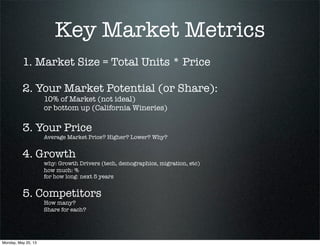 Key Market Metrics
1. Market Size = Total Units * Price
2. Your Market Potential (or Share):
10% of Market (not ideal)
or bottom up (California Wineries)
3. Your Price
Average Market Price? Higher? Lower? Why?
4. Growth
why: Growth Drivers (tech, demographics, migration, etc)
how much: %
for how long: next 5 years
5. Competitors
How many?
Share for each?
Monday, May 20, 13
 