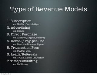 Type of Revenue Models
1. Subscription
ex. Netﬂix, Crunch Gym
2. Advertising
ex. Google
3. Direct Purchase
ex. Amazon, Zappos, Safeway
4. Rental / Pay-per-Use
ex. Rent the Runway, Zipcar
5. Transaction Fees
ex. PayPal, Visa
6. Leads/Referrals
ex. Trulia, Zillow, LearnHub
7. Time/Consulting
ex. McKinsey
Monday, May 20, 13
 